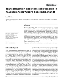 Transplantation and Stem Cell Research in Neurosciences: Where Does India Stand?
