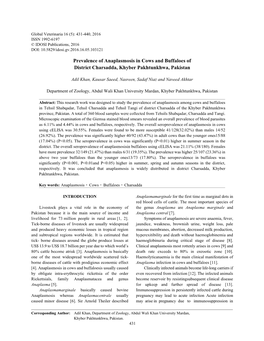 Prevalence of Anaplasmosis in Cows and Buffaloes of District Charsadda, Khyber Pakhtunkhwa, Pakistan