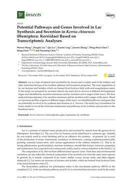 Potential Pathways and Genes Involved in Lac Synthesis and Secretion in Kerria Chinensis (Hemiptera: Kerriidae) Based on Transcriptomic Analyses
