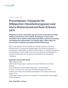 Pressinbjudan: Valupptakt För Miljöpartiet I Stockholmsregionen Med Maria Wetterstrand Och Peter Eriksson 24/4