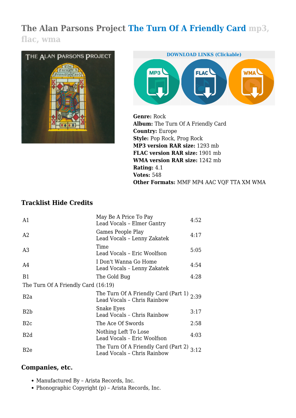 The Alan Parsons Project the Turn of a Friendly Card Mp3, Flac, Wma