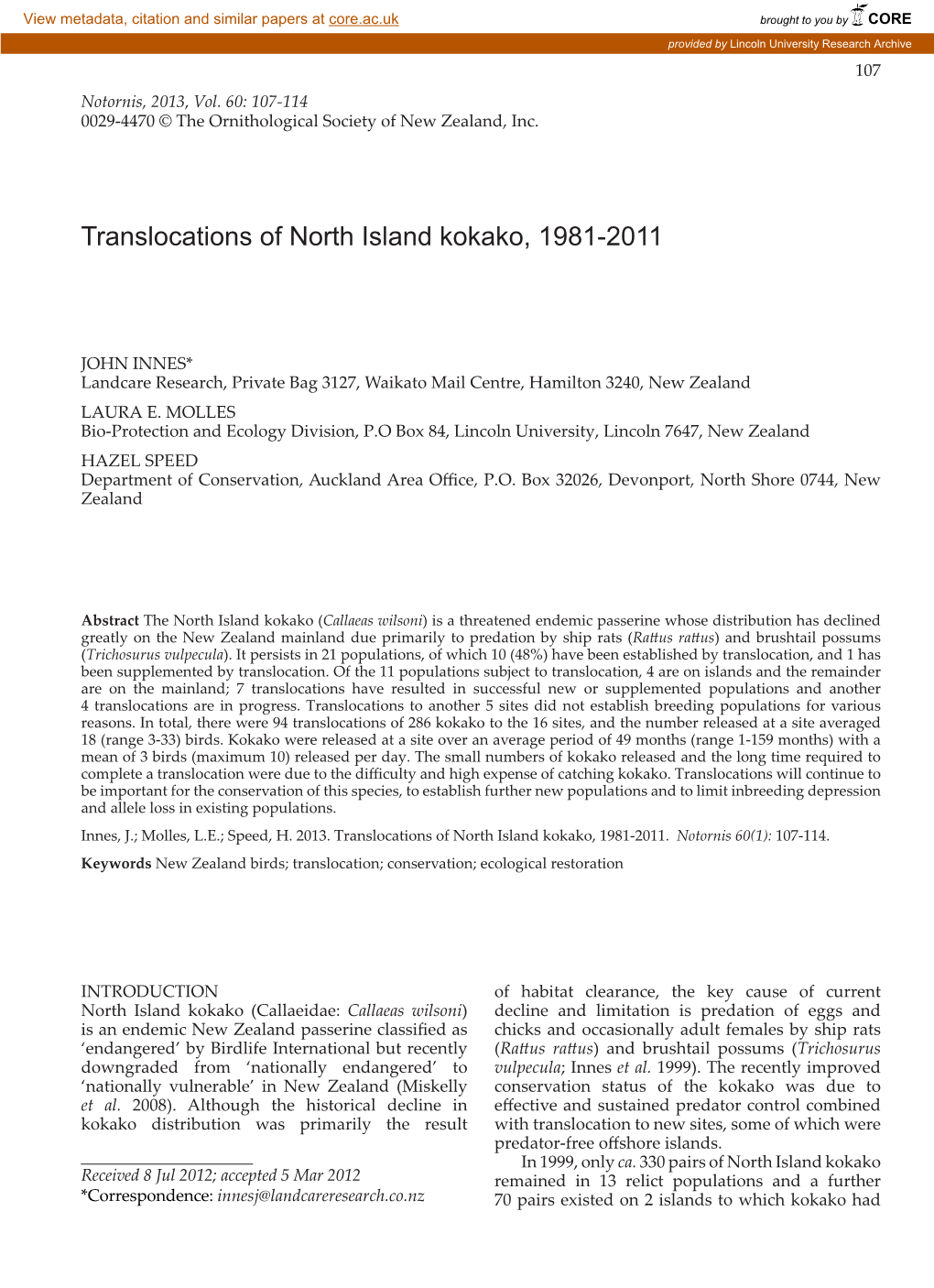 Translocations of North Island Kokako, 1981-2011