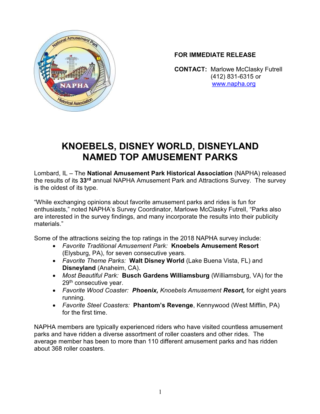 Knoebels, Disney World, Disneyland Named Top Amusement Parks