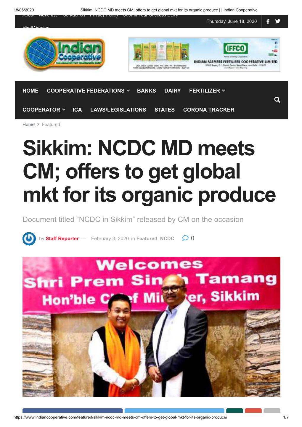 Sikkim: NCDC MD Meets CM; Offers to Get Global Mkt for Its Organic Produce