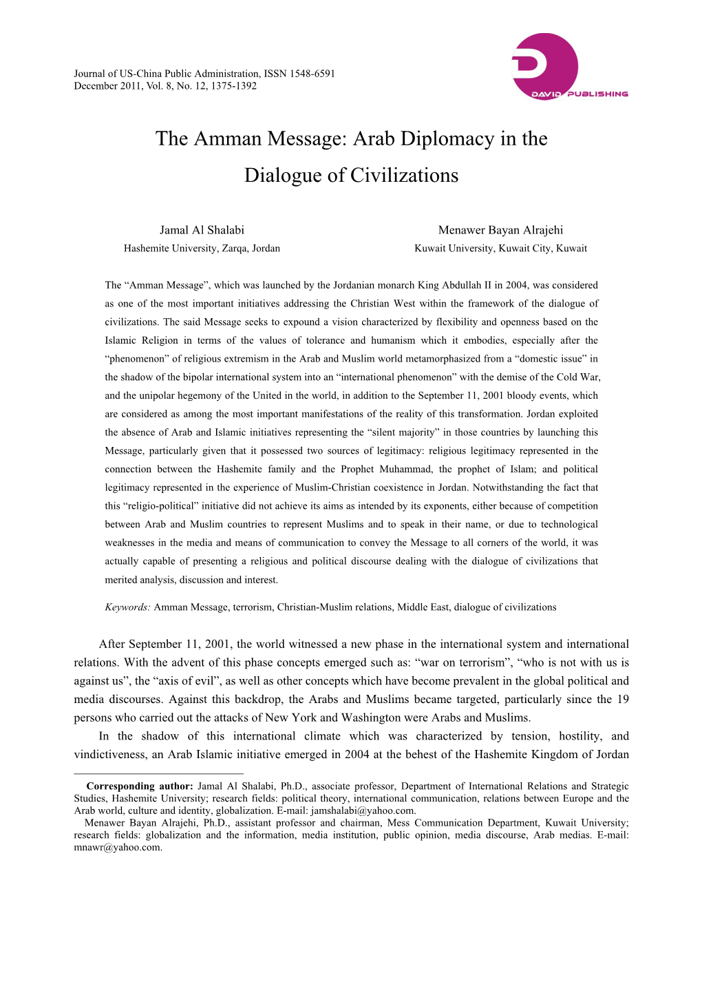 The Amman Message: Arab Diplomacy in the Dialogue of Civilizations