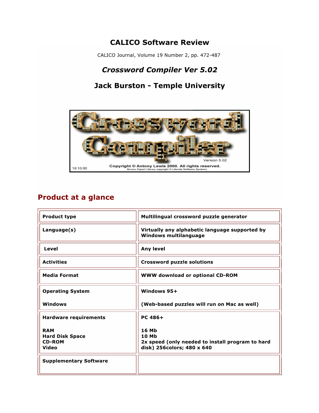 CALICO Software Review Crossword Compiler Ver 5.02 Jack Burston