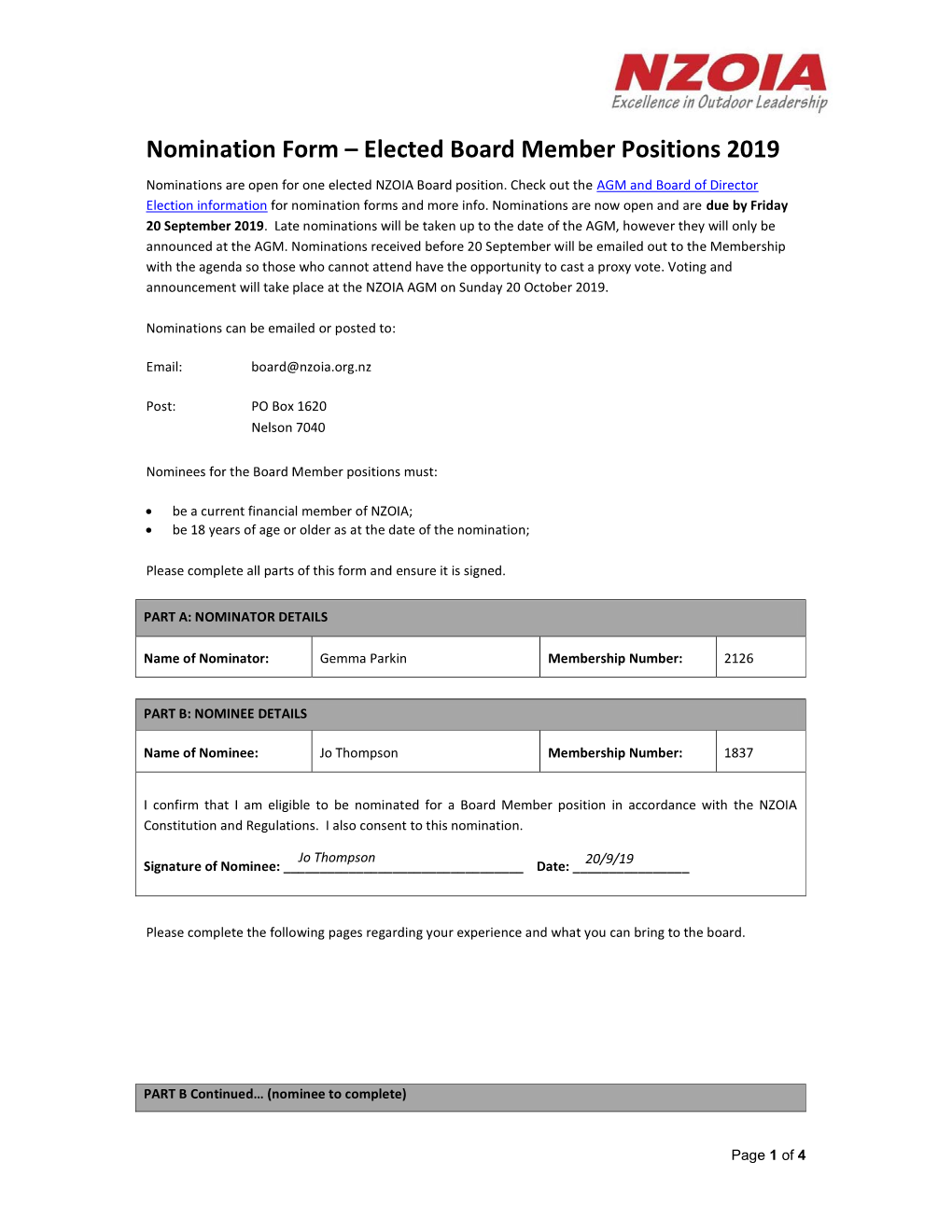 Nomination Form – Elected Board Member Positions 2019