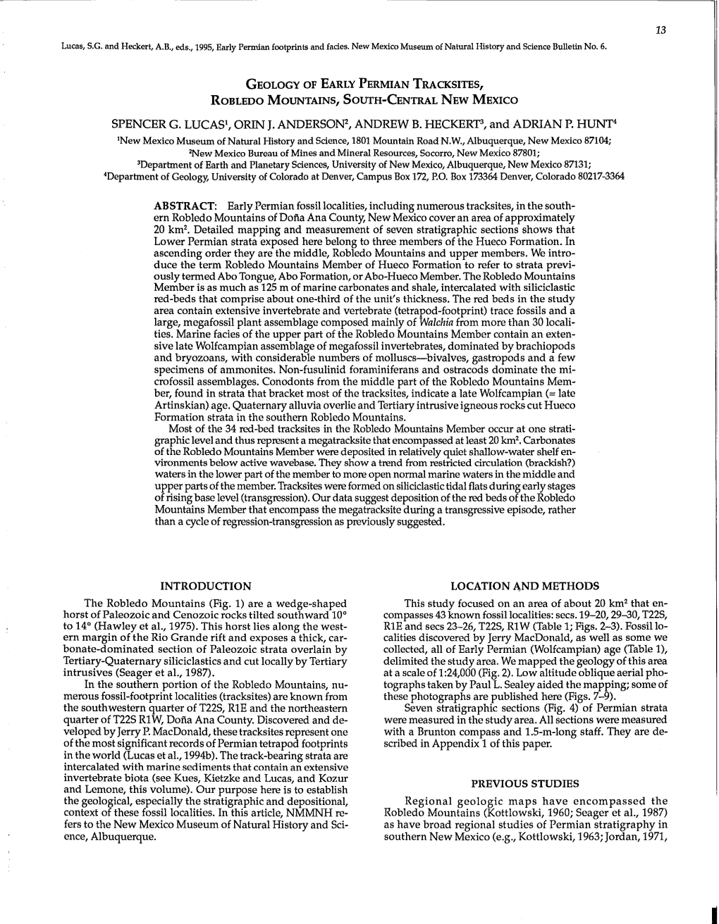 Geology of Early Permian Tracksites, Robledo Mountains, South-Central New Mexico Spencer G