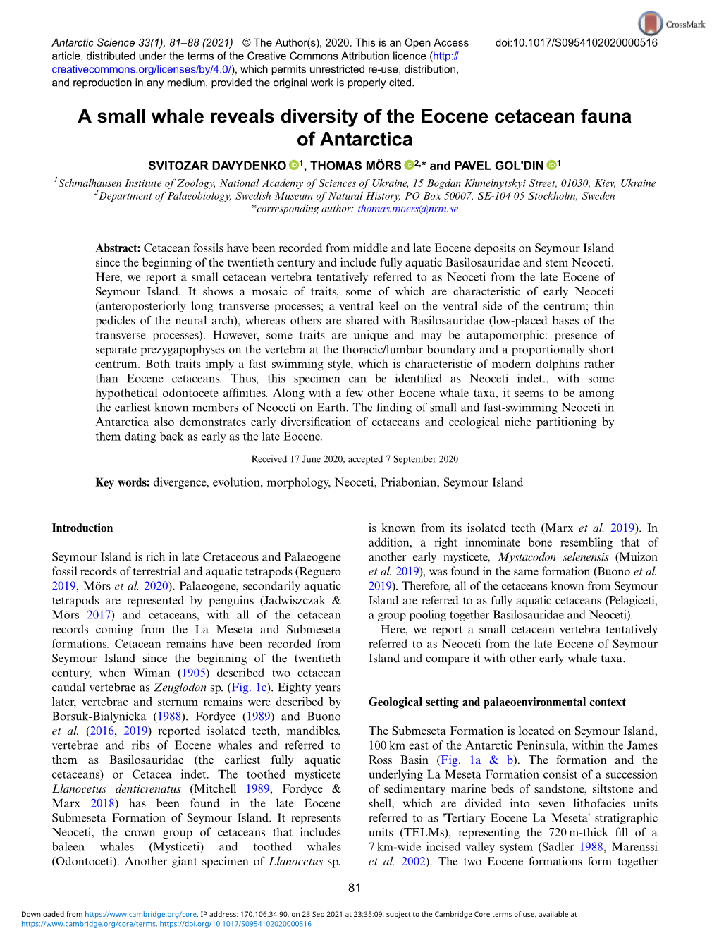 A Small Whale Reveals Diversity of the Eocene Cetacean Fauna of Antarctica