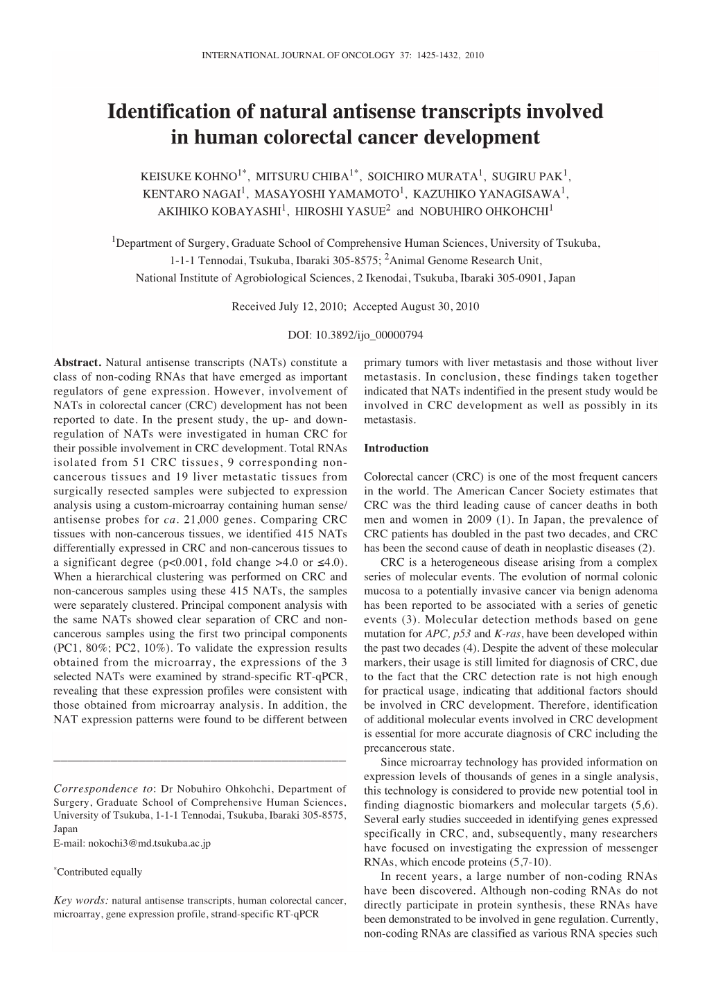 Identification of Natural Antisense Transcripts Involved in Human Colorectal Cancer Development