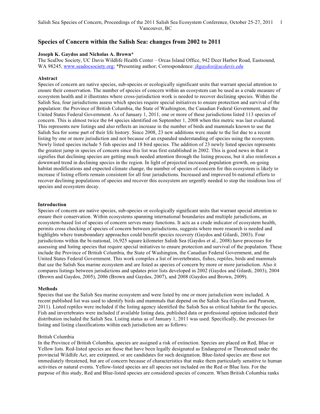 Species of Concern Within the Salish Sea: Changes from 2002 to 2011