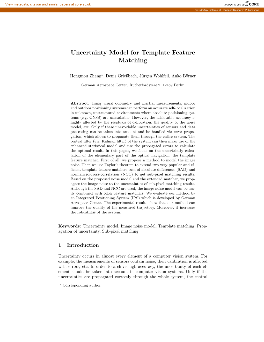 Uncertainty Model for Template Feature Matching