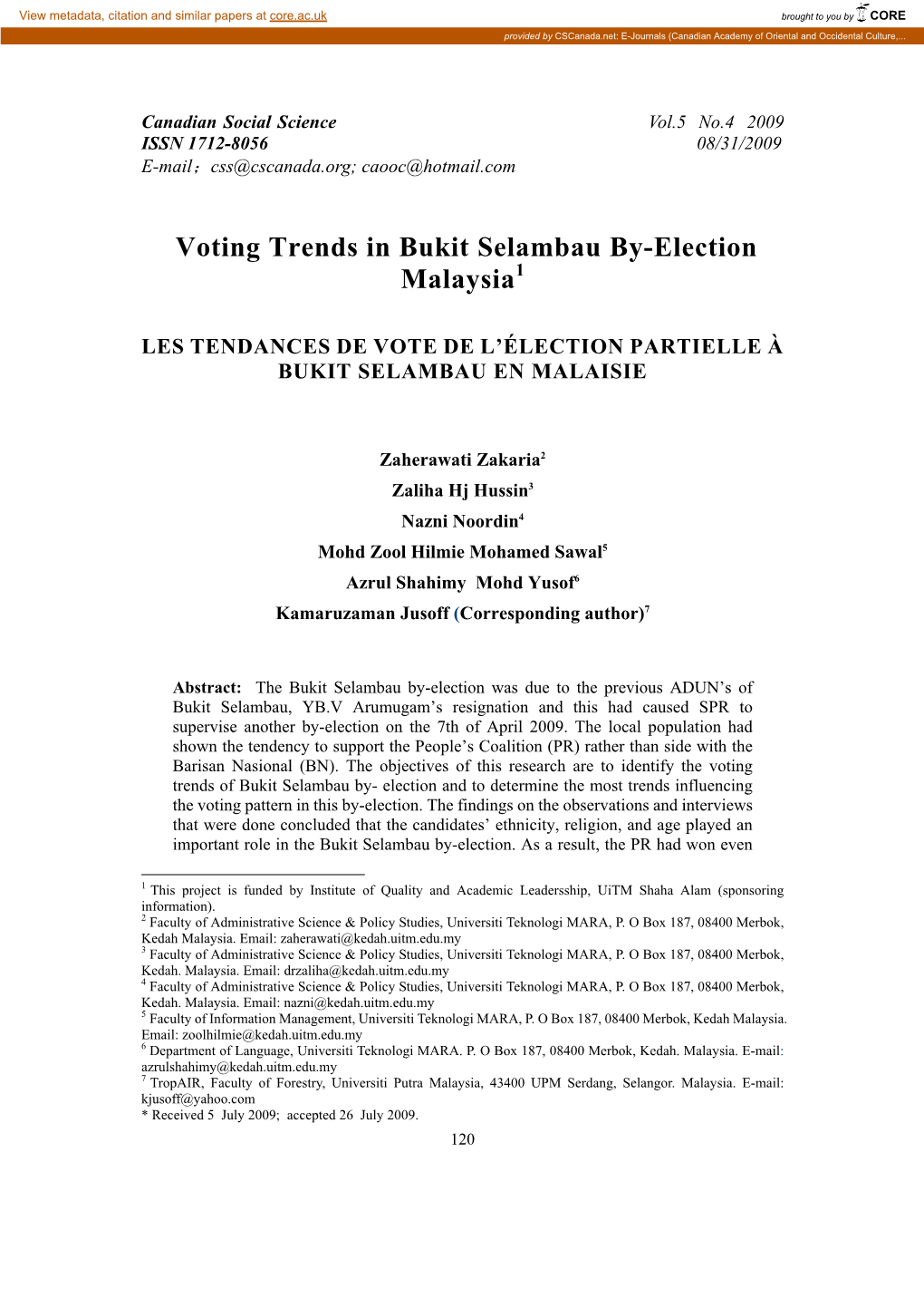 Voting Trends in Bukit Selambau By-Election Malaysia1