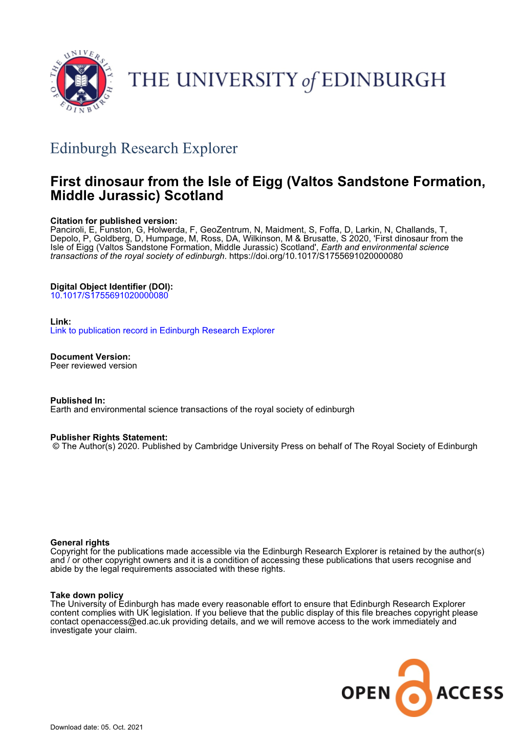 First Dinosaur from the Isle of Eigg (Valtos Sandstone Formation