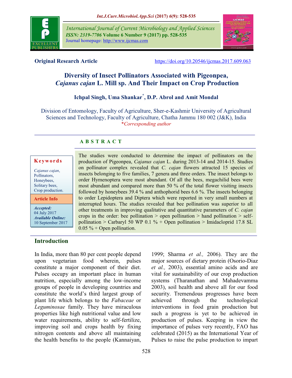 Diversity of Insect Pollinators Associated with Pigeonpea, Cajanus Cajan L