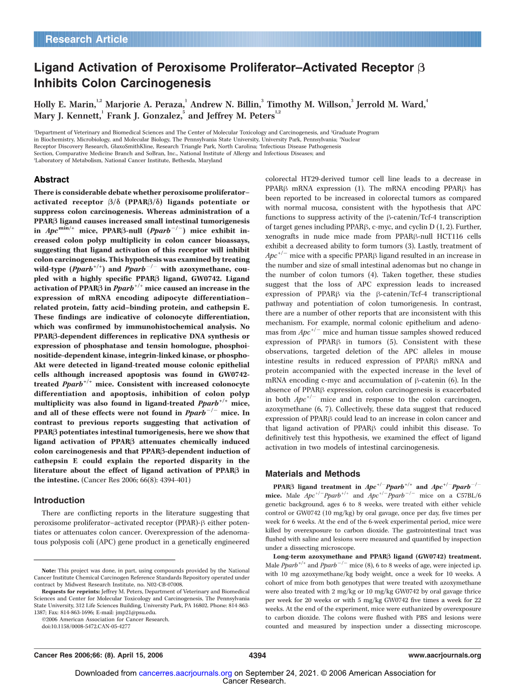 Ligand Activation of Peroxisome Proliferator–Activated Receptor B Inhibits Colon Carcinogenesis Holly E