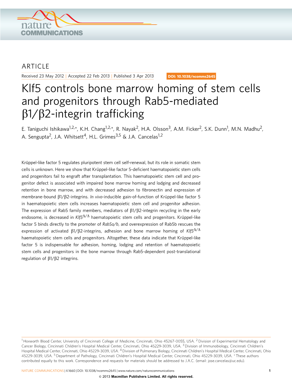 Klf5 Controls Bone Marrow Homing of Stem Cells and Progenitors Through Rab5-Mediated B1/B2-Integrin Trafﬁcking