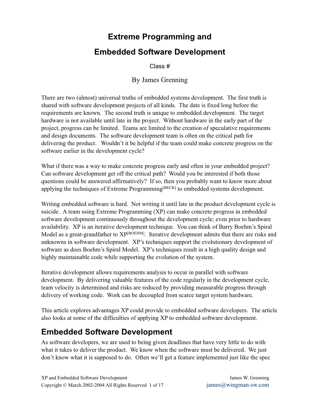 Extreme Programming and Embedded Software Development Embedded