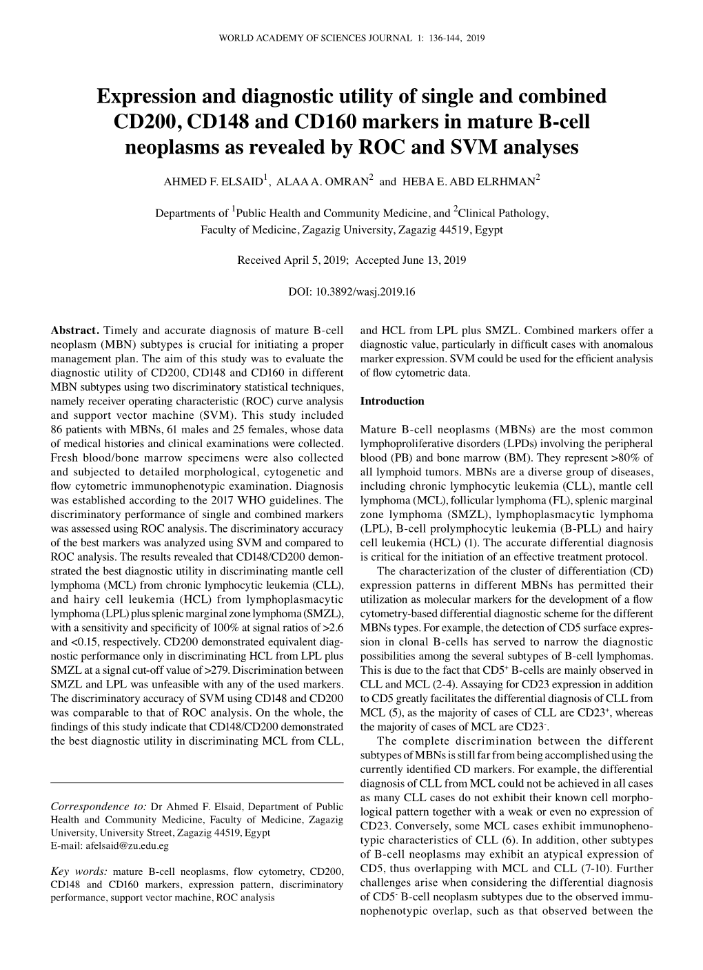 Expression and Diagnostic Utility of Single and Combined CD200, CD148 and CD160 Markers in Mature B‑Cell Neoplasms As Revealed by ROC and SVM Analyses