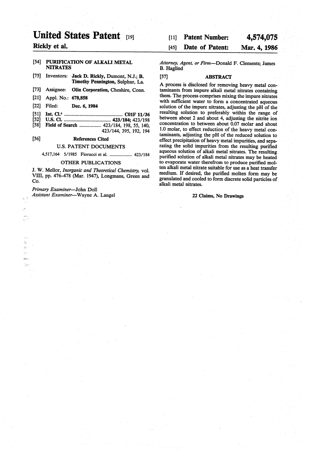 United States Patent (1) 11 Patent Number: 4,574,075 Rickly Et Al