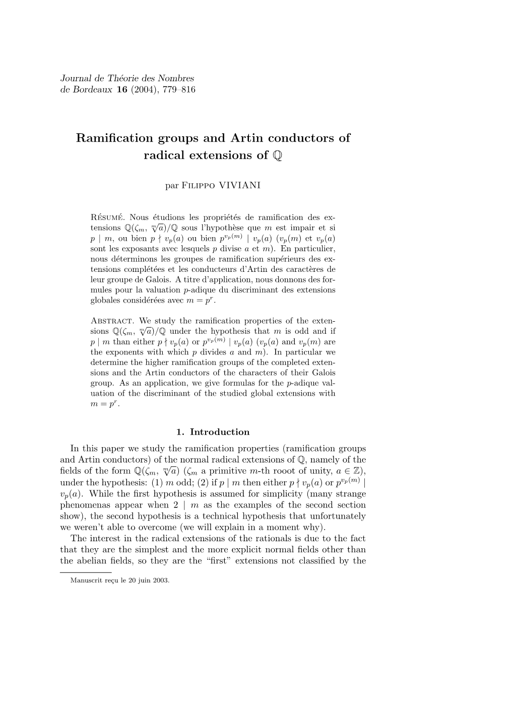 Ramification Groups and Artin Conductors of Radical