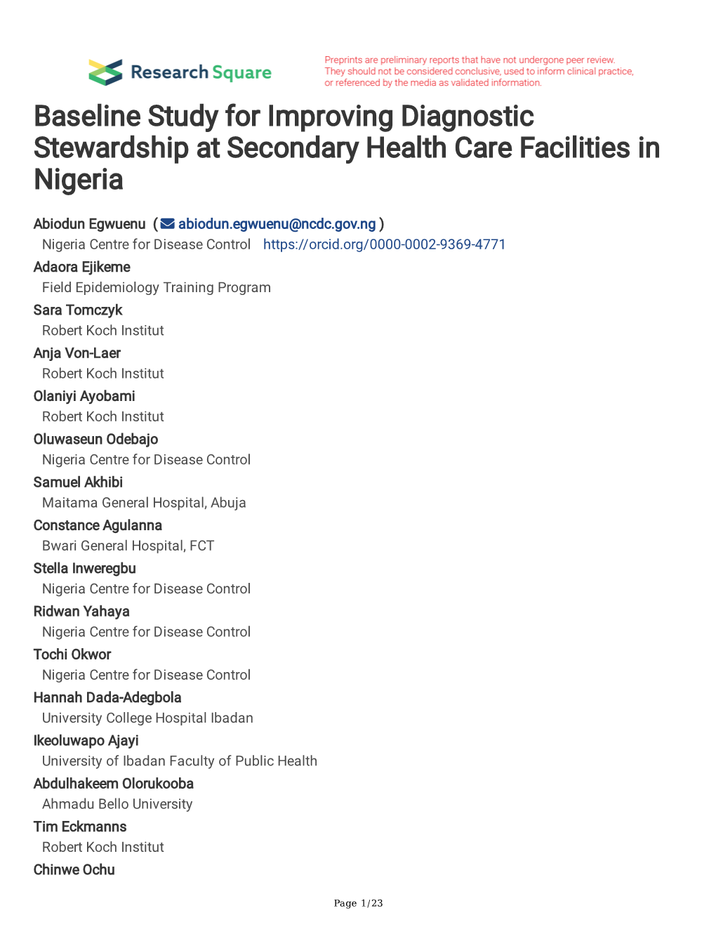 Baseline Study for Improving Diagnostic Stewardship at Secondary Health Care Facilities in Nigeria