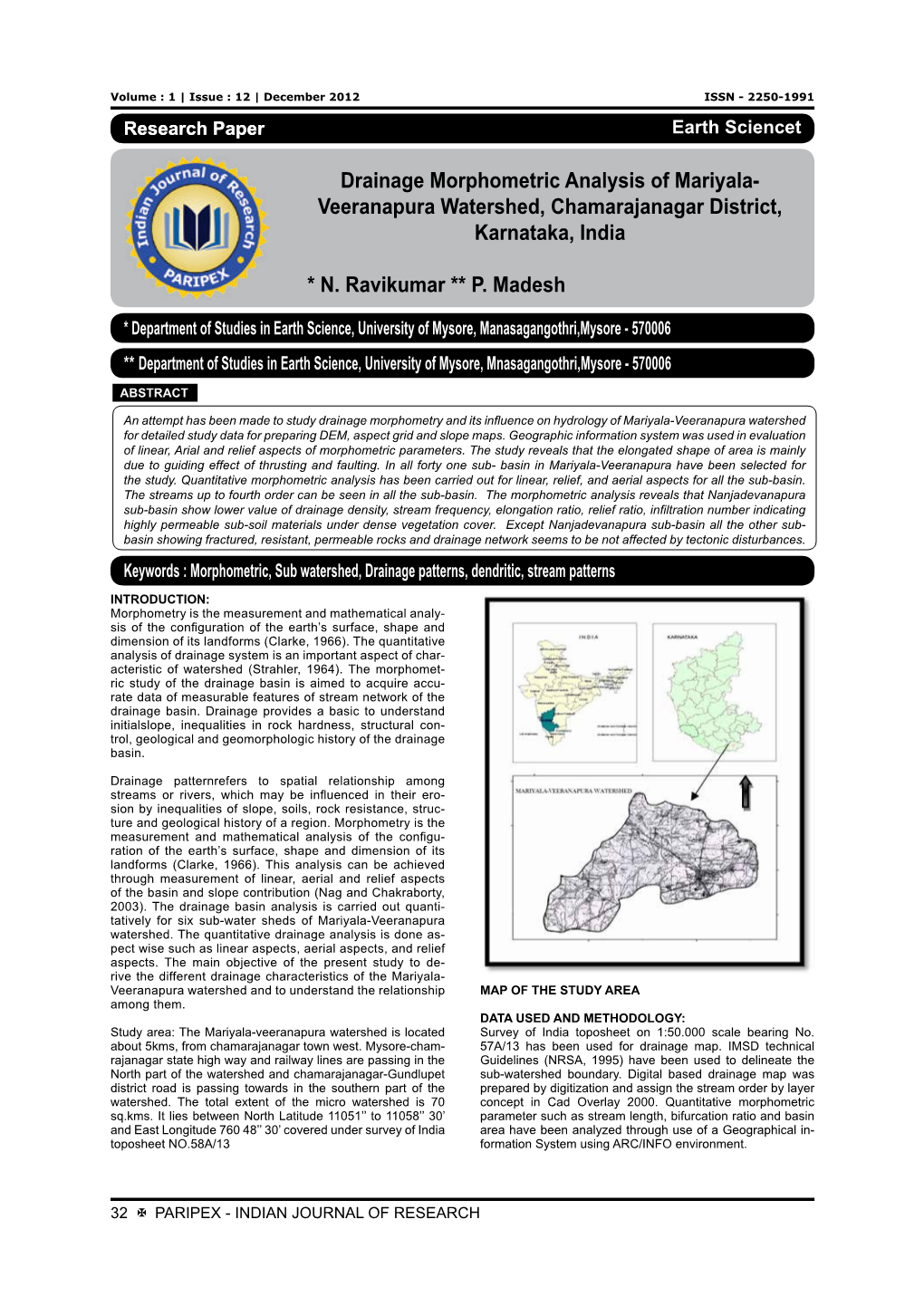Drainage Morphometric Analysis of Mariyala- Veeranapura Watershed, Chamarajanagar District, Karnataka, India