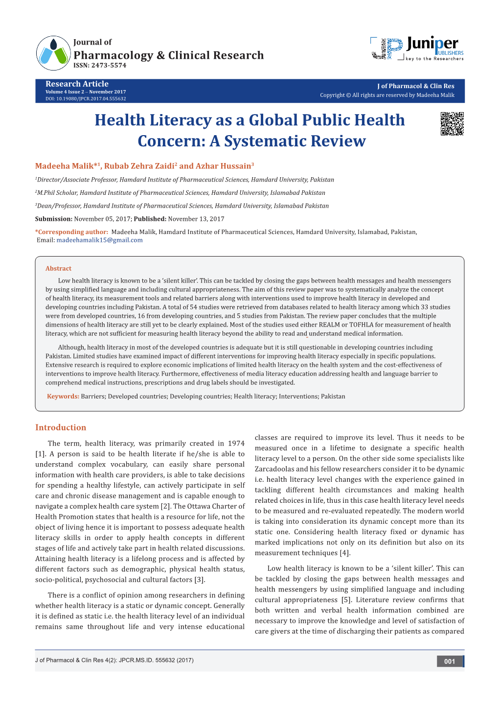 Health Literacy As a Global Public Health Concern: a Systematic Review