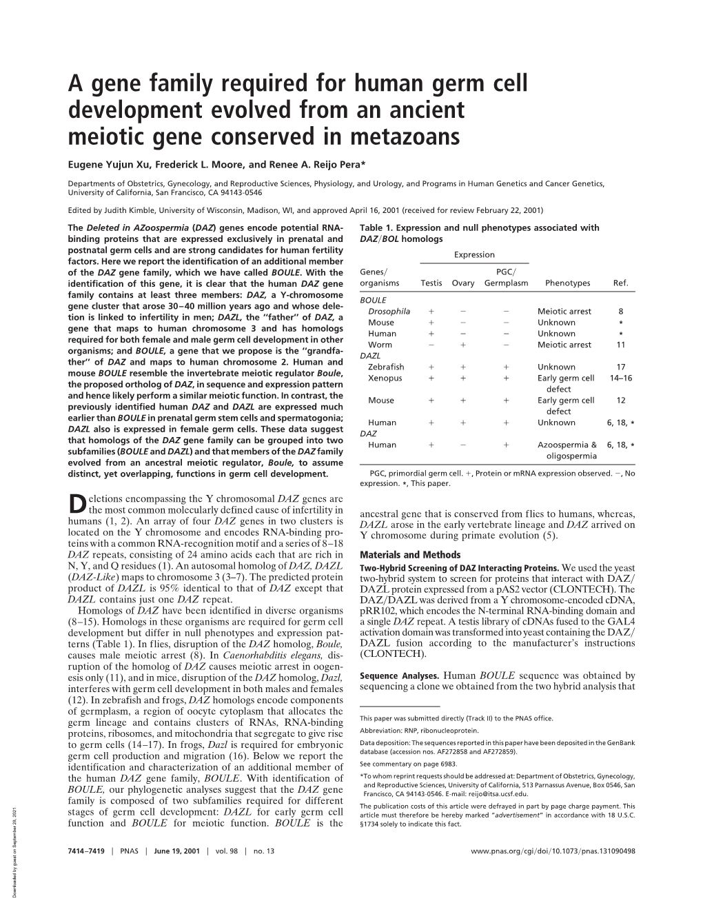 A Gene Family Required for Human Germ Cell Development Evolved from an Ancient Meiotic Gene Conserved in Metazoans