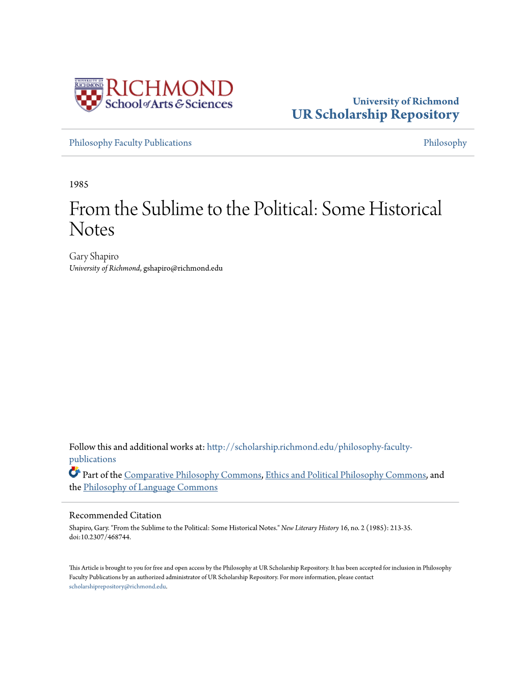 From the Sublime to the Political: Some Historical Notes Gary Shapiro University of Richmond, Gshapiro@Richmond.Edu