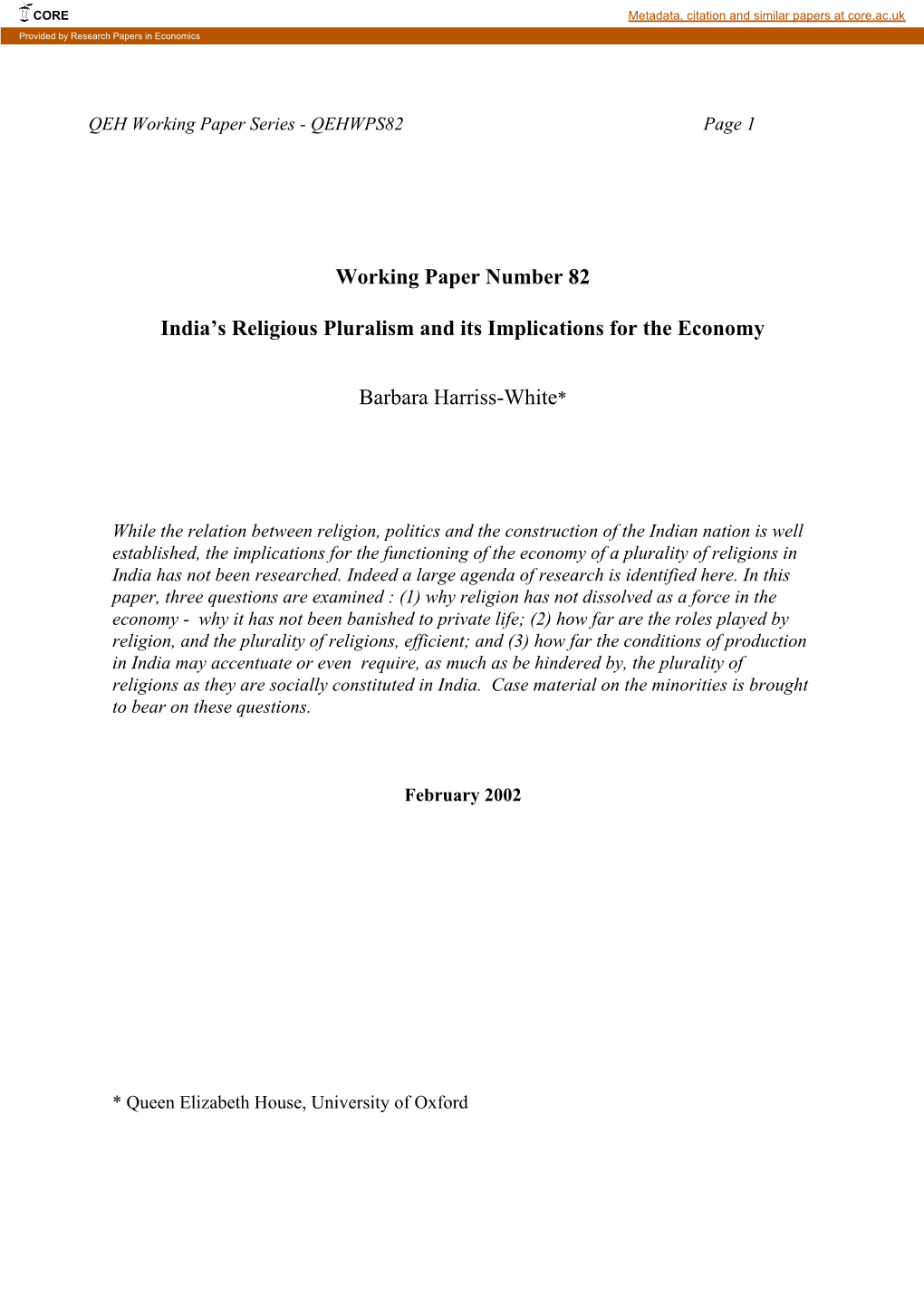 Working Paper Number 82 India's Religious Pluralism and Its