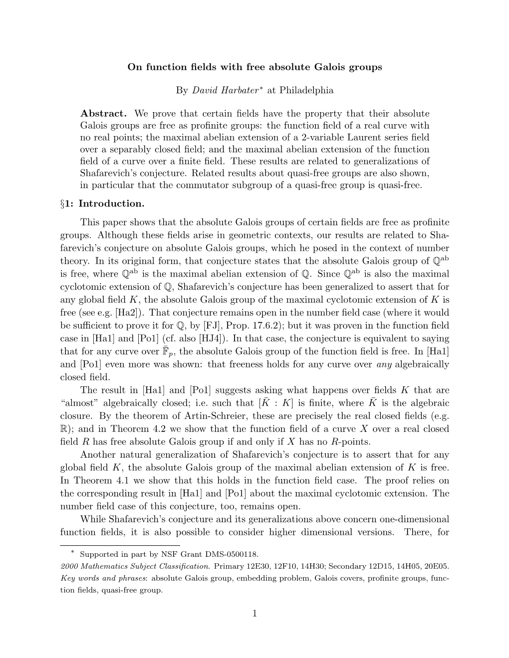 On Function Fields with Free Absolute Galois Groups by David Harbater