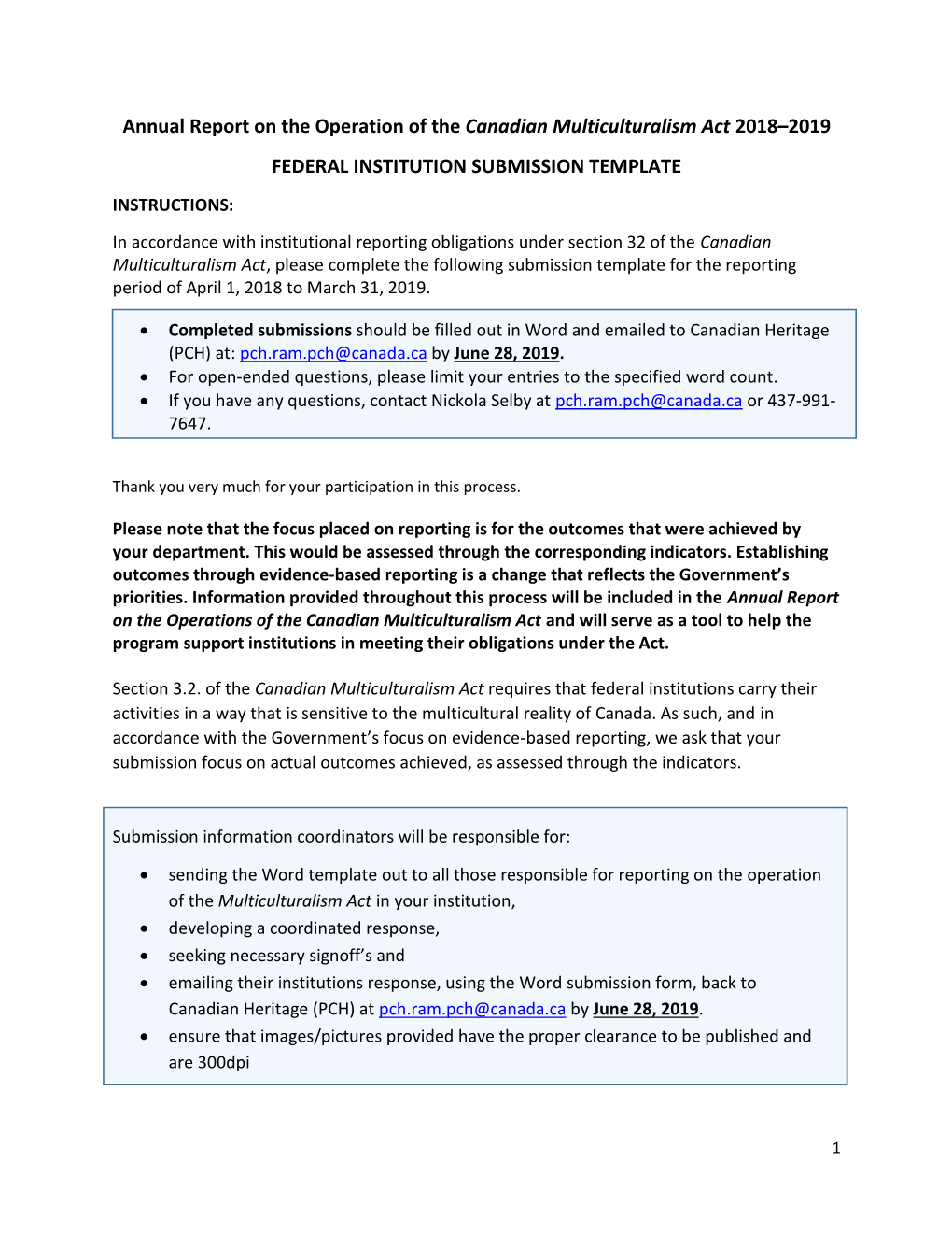 Annual Report on the Operation of the Canadian Multiculturalism