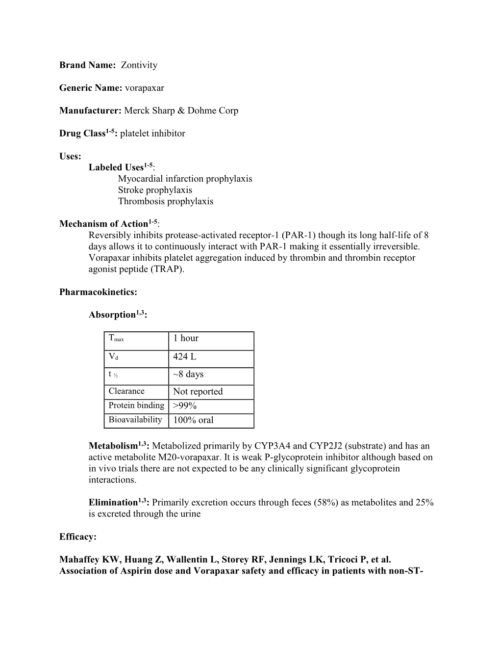 Vorapaxar Manufacturer: Merck Sharp & Dohme Corp Drug Class1-5