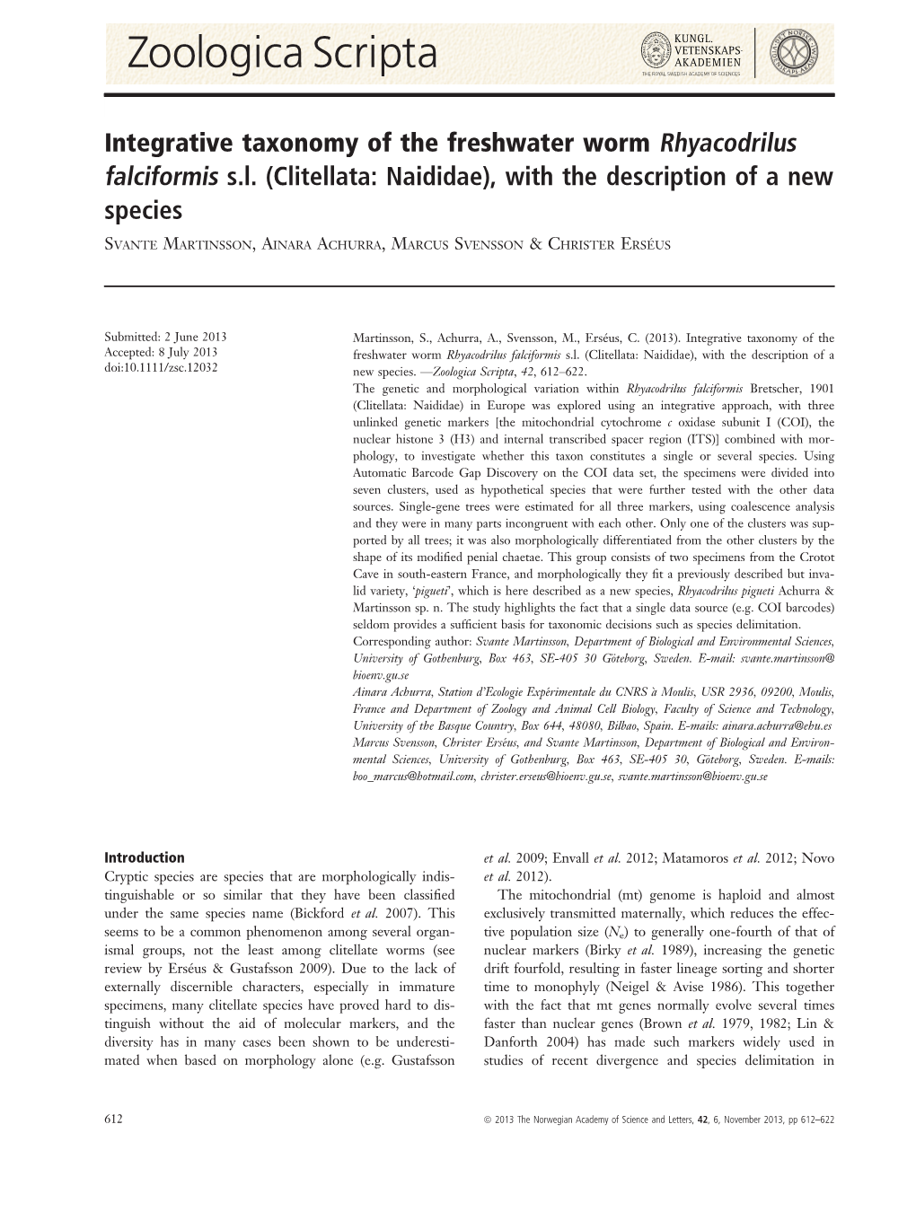 Integrative Taxonomy of the Freshwater Worm Rhyacodrilus Falciformis Sl