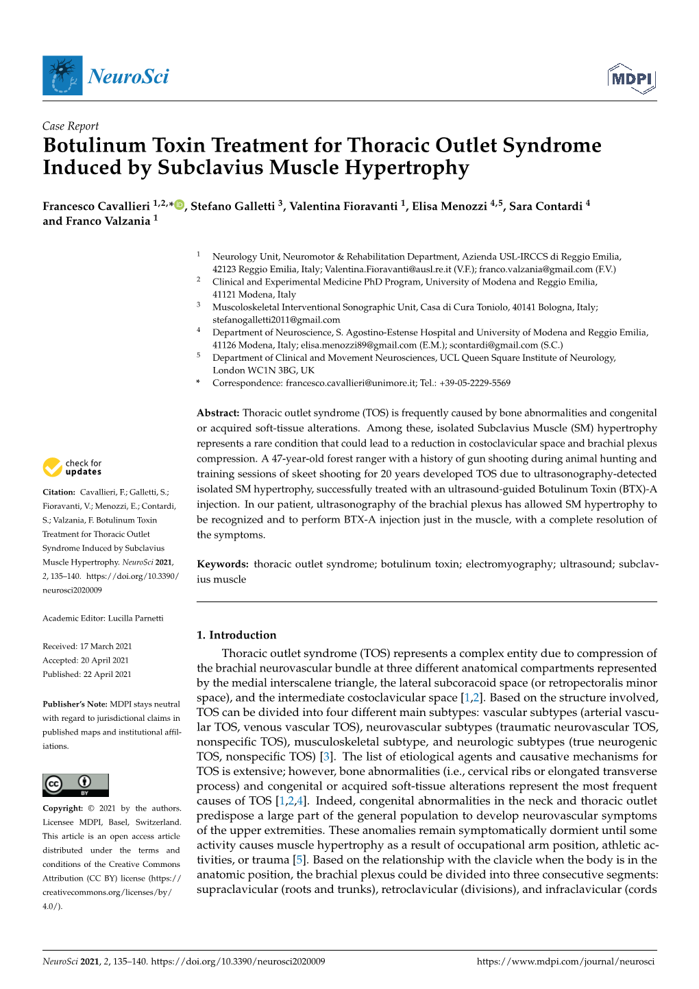 Botulinum Toxin Treatment for Thoracic Outlet Syndrome Induced by Subclavius Muscle Hypertrophy