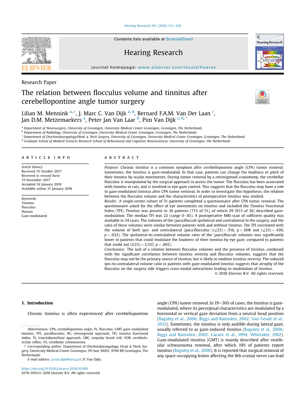 The Relation Between Flocculus Volume and Tinnitus After Cerebellopontine Angle Tumor Surgery