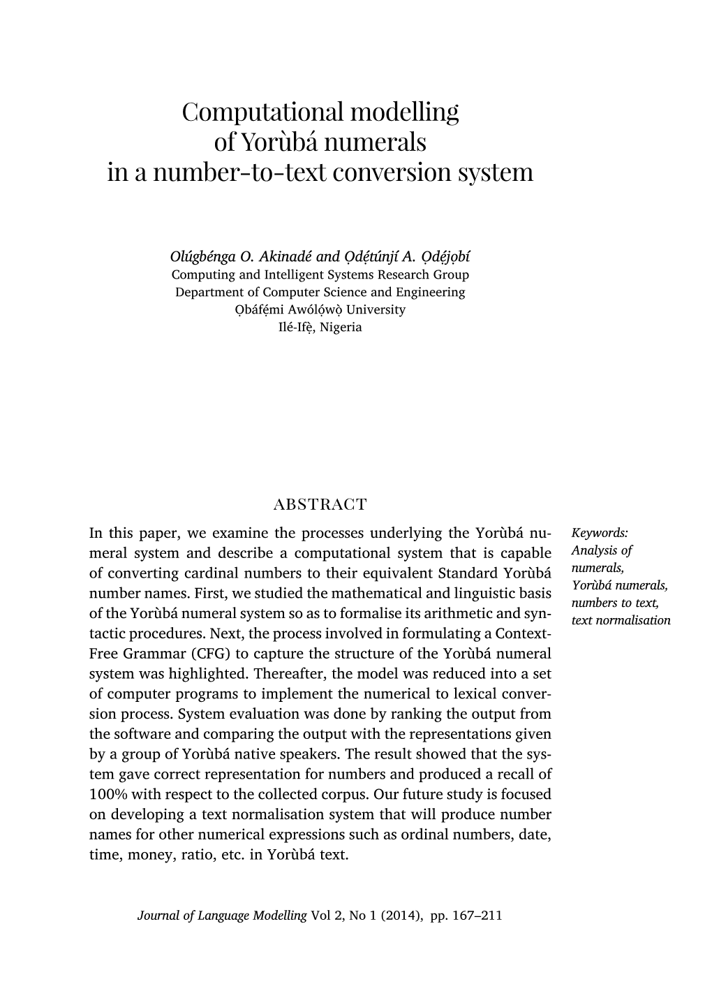 Computational Modelling of Yorùbá Numerals in a Number-To-Text Conversion System