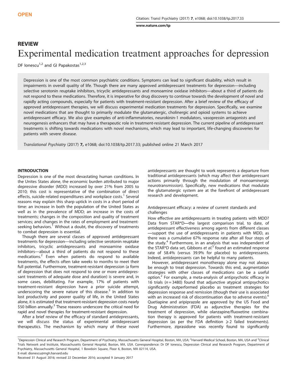 Experimental Medication Treatment Approaches for Depression