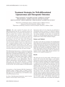 Treatment Strategies for Well-Differentiated Liposarcomas and Therapeutic Outcomes