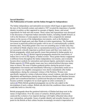 The Politicization of Gender and the Indian Struggle for Independence the Indian Independence and Nationalist