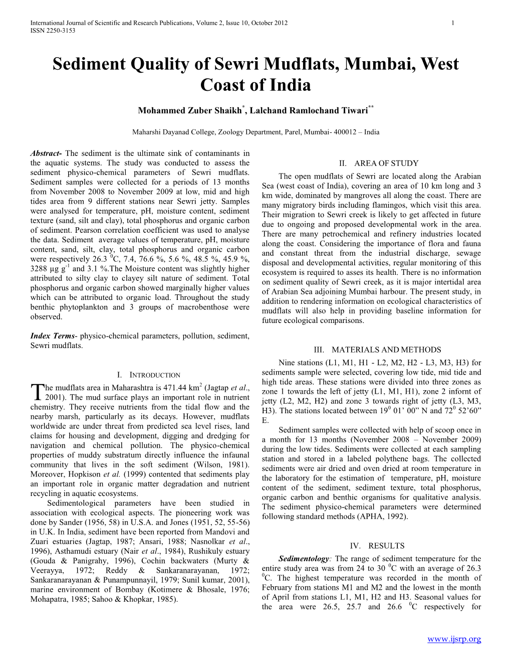 Sediment Quality of Sewri Mudflats, Mumbai, West Coast of India