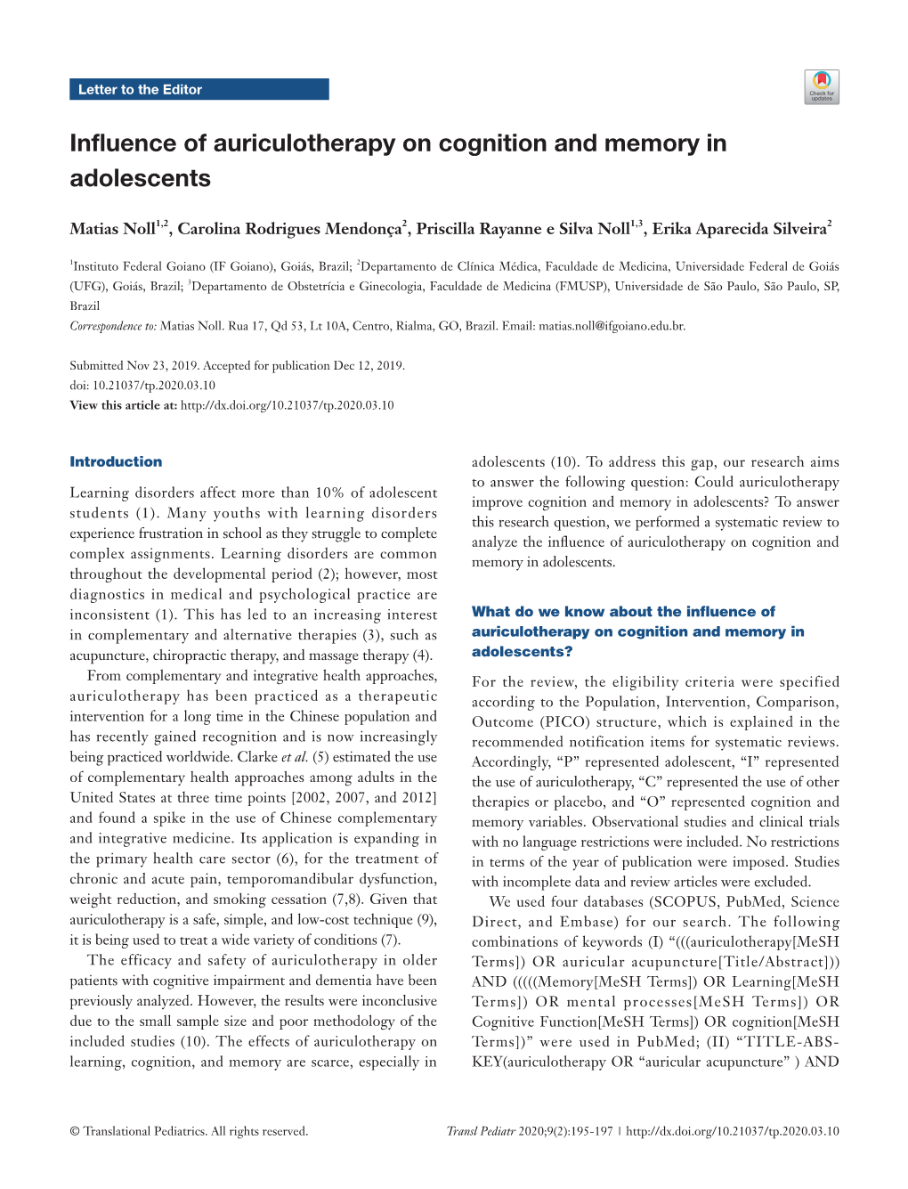 Influence of Auriculotherapy on Cognition and Memory in Adolescents