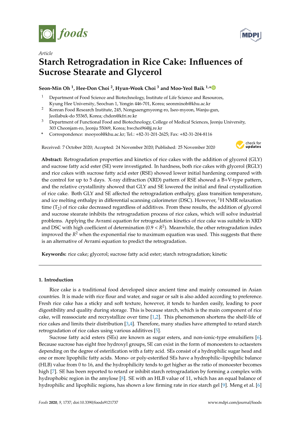 Starch Retrogradation in Rice Cake: Influences of Sucrose Stearate And