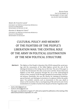 Cultural Policy and Memory of the Fighters of the People’S Liberation War: the Central Role of the Army in Political Legitimation of the New Political Structure