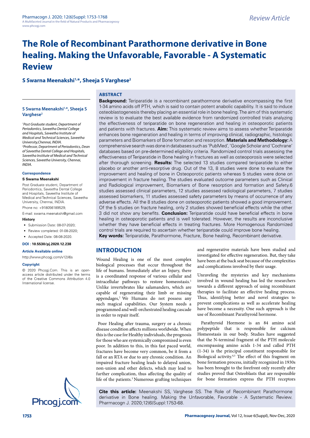 Phcogj.Com the Role of Recombinant Parathormone Derivative in Bone