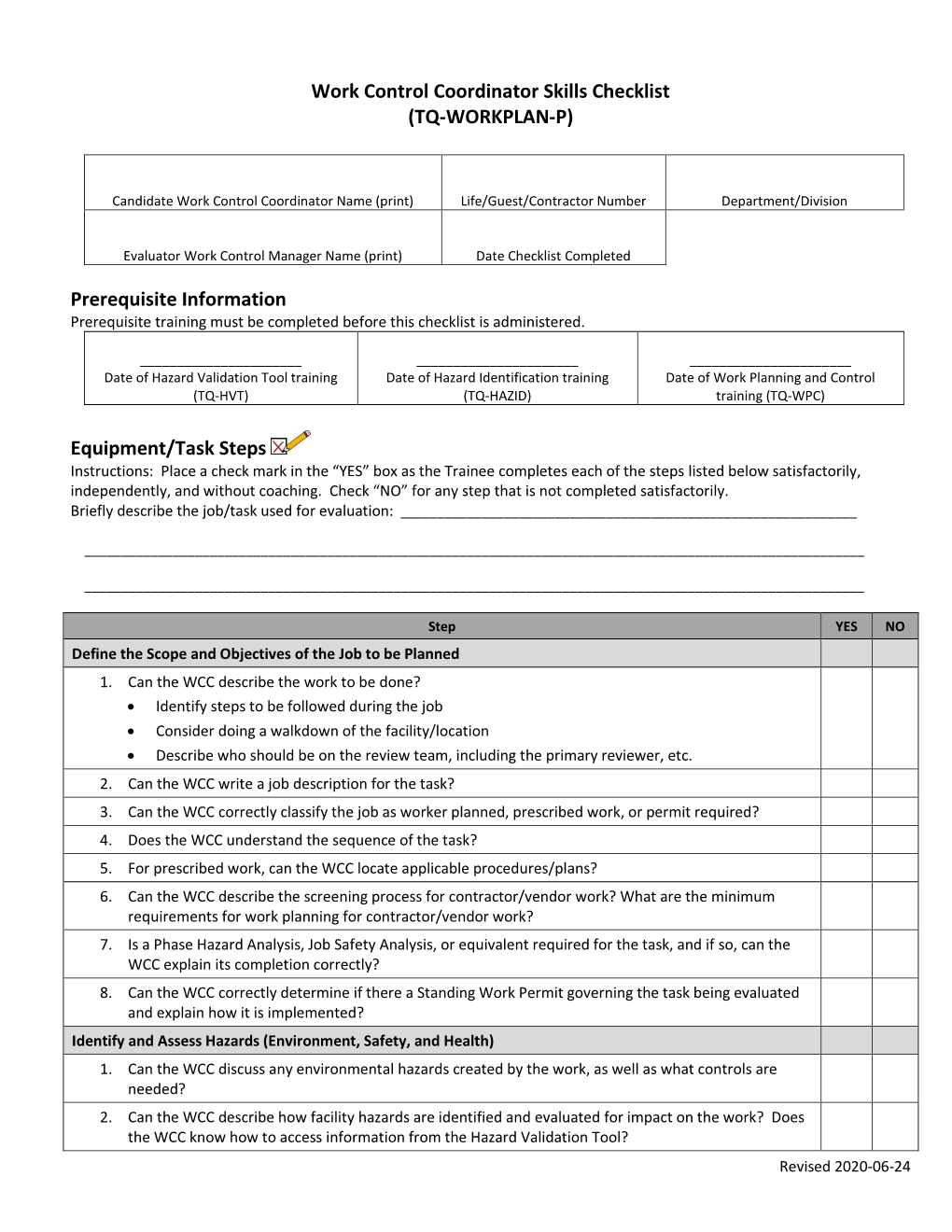 Work Control Coordinator Skills Checklist (TQ-WORKPLAN-P)