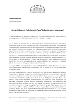 Richard Marx Auf „Solo Acoustic Tour“ in Deutschland Unterwegs!