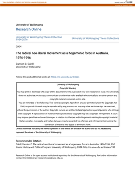 The Radical Neo-Liberal Movement As a Hegemonic Force in Australia, 1976-1996