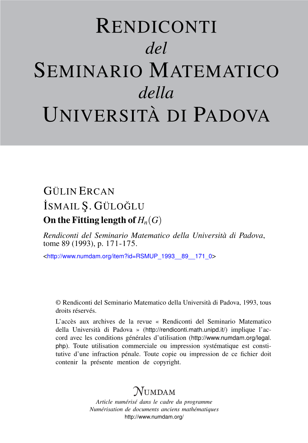 On the Fitting Length of Hn(G) Rendiconti Del Seminario Matematico Della Università Di Padova, Tome 89 (1993), P